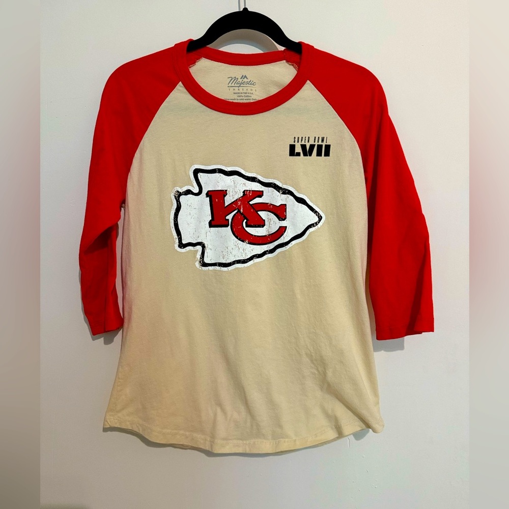Womens Kansas City Chiefs Patrick Mahomes 15 raglan shirt 3/4 Sleeve size M